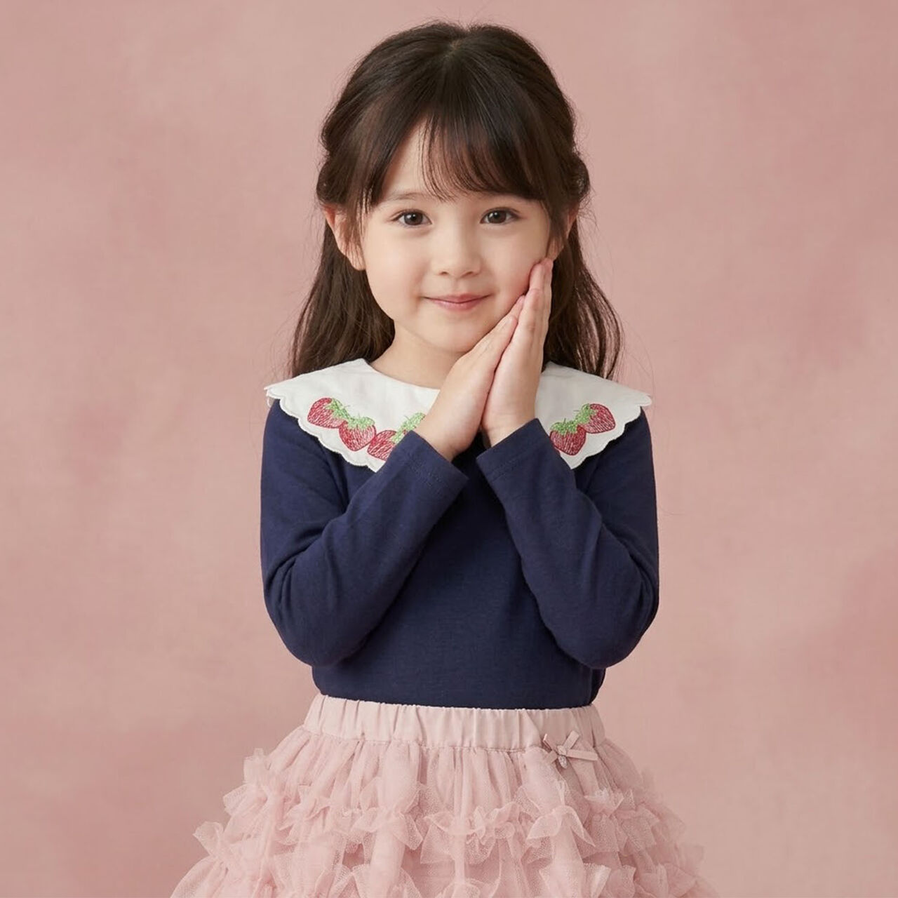 Strawberry Embroidery Scallop Collar Top,Navy, large image number 2