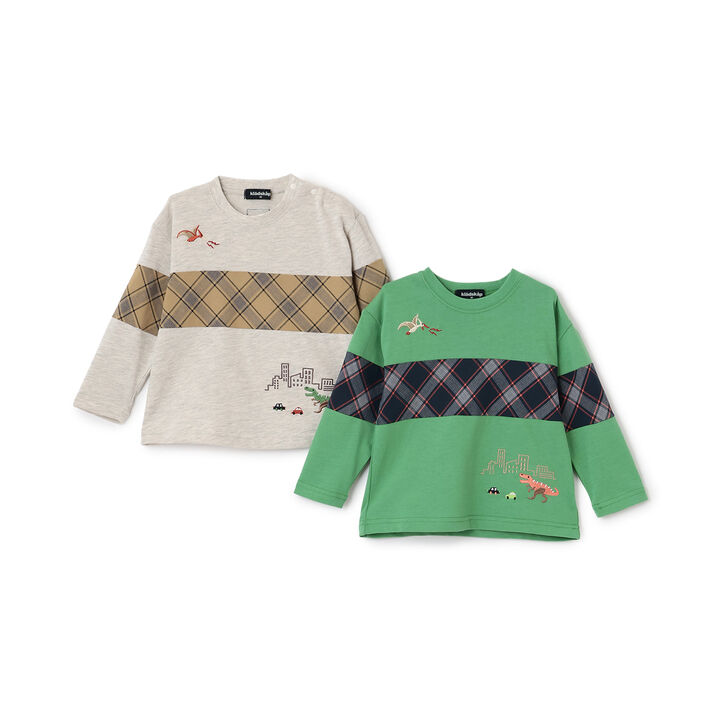 Dinosaur and City Checkered Long-Sleeve T-Shirt,Smoke white, medium image number 10