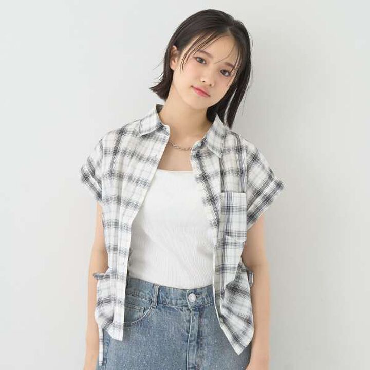 [100% Cotton] Checkered Sleeveless Drawstring Shirt,, medium