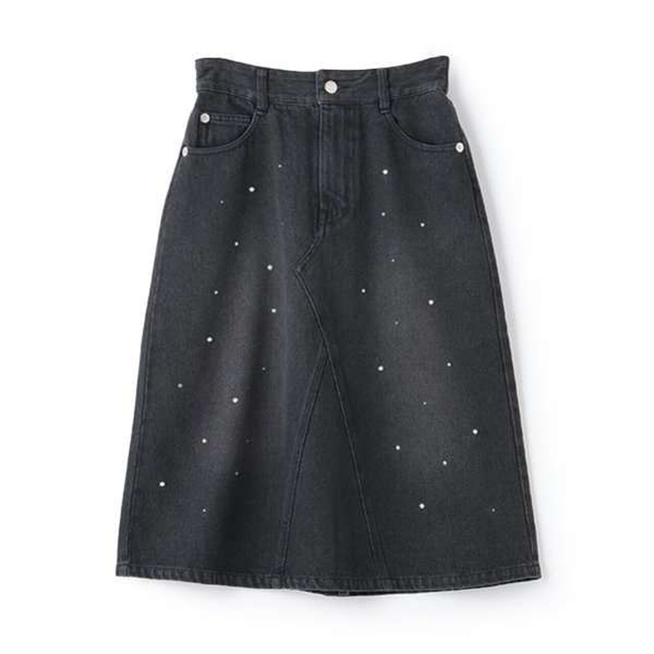 Pearl & Rhinestone Denim Midi Skirt,Black, large image number 4