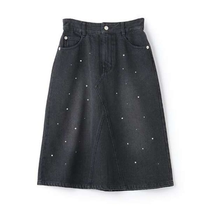 Pearl & Rhinestone Denim Midi Skirt,Black, medium image number 4
