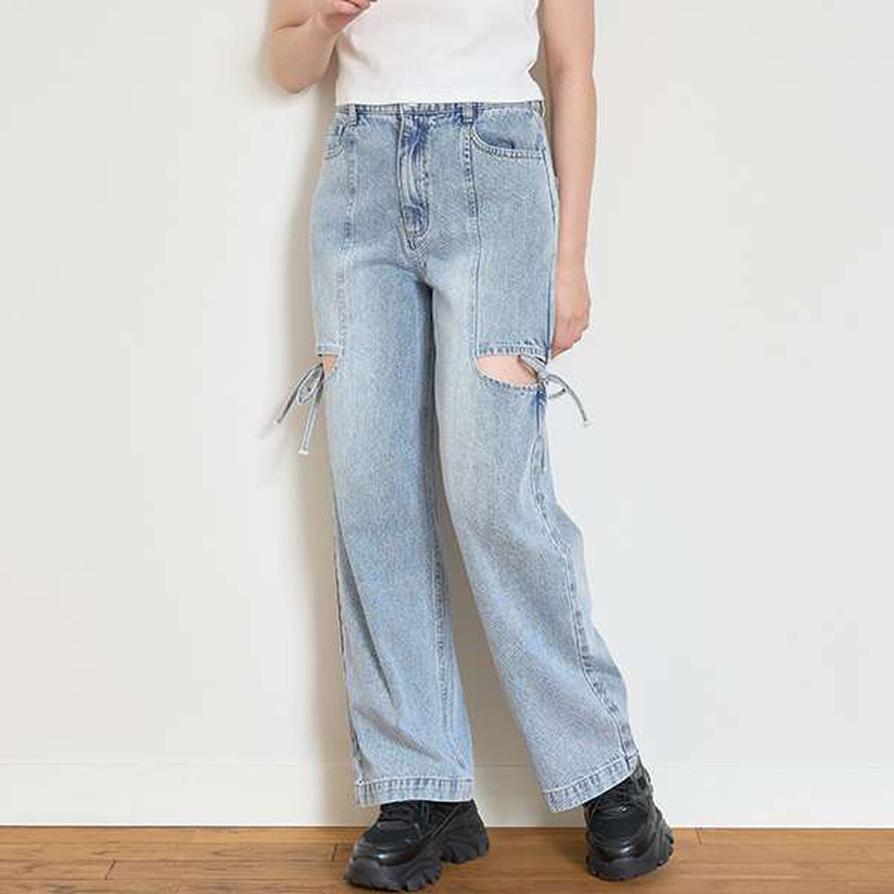 Ribbon Slit Denim Pants,Blue, large image number 2
