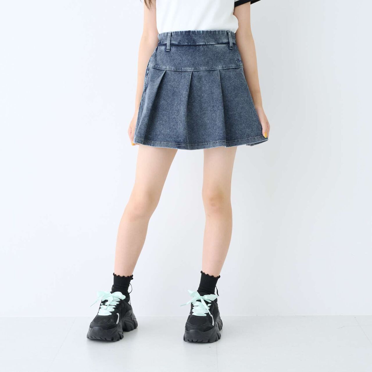 [With Belt Loops] Denim-Look Pleated Skirt,Blue, large image number 1
