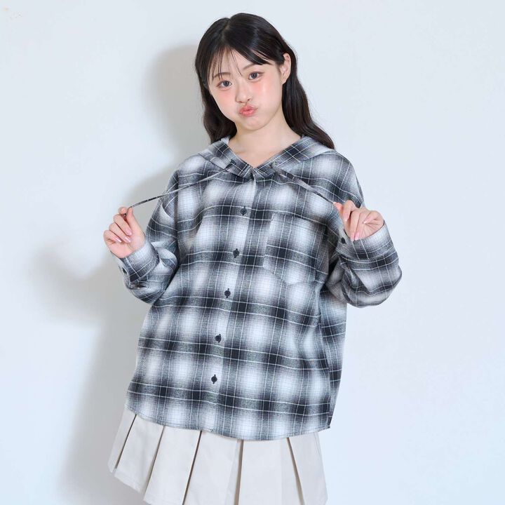 [LTXC] 格紋連帽寬鬆襯衫外套,黑色, medium image number 0