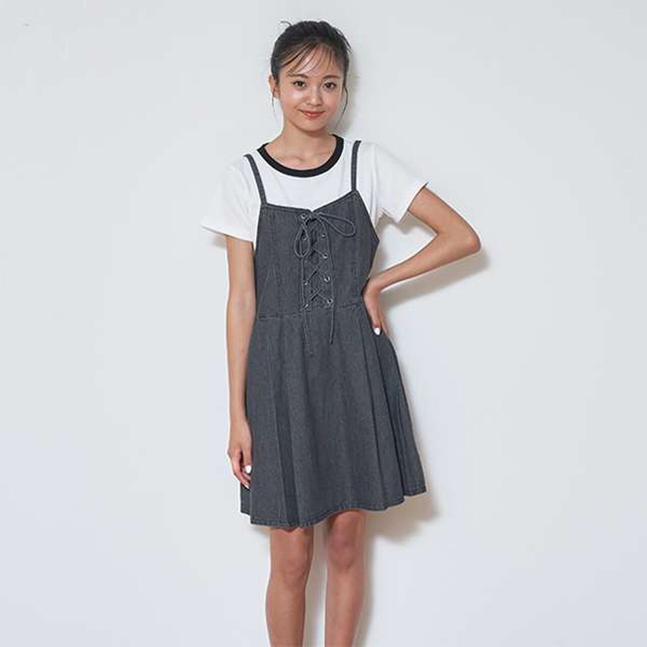 Lace-Up Denim Jumper Dress,Blue, large image number 11