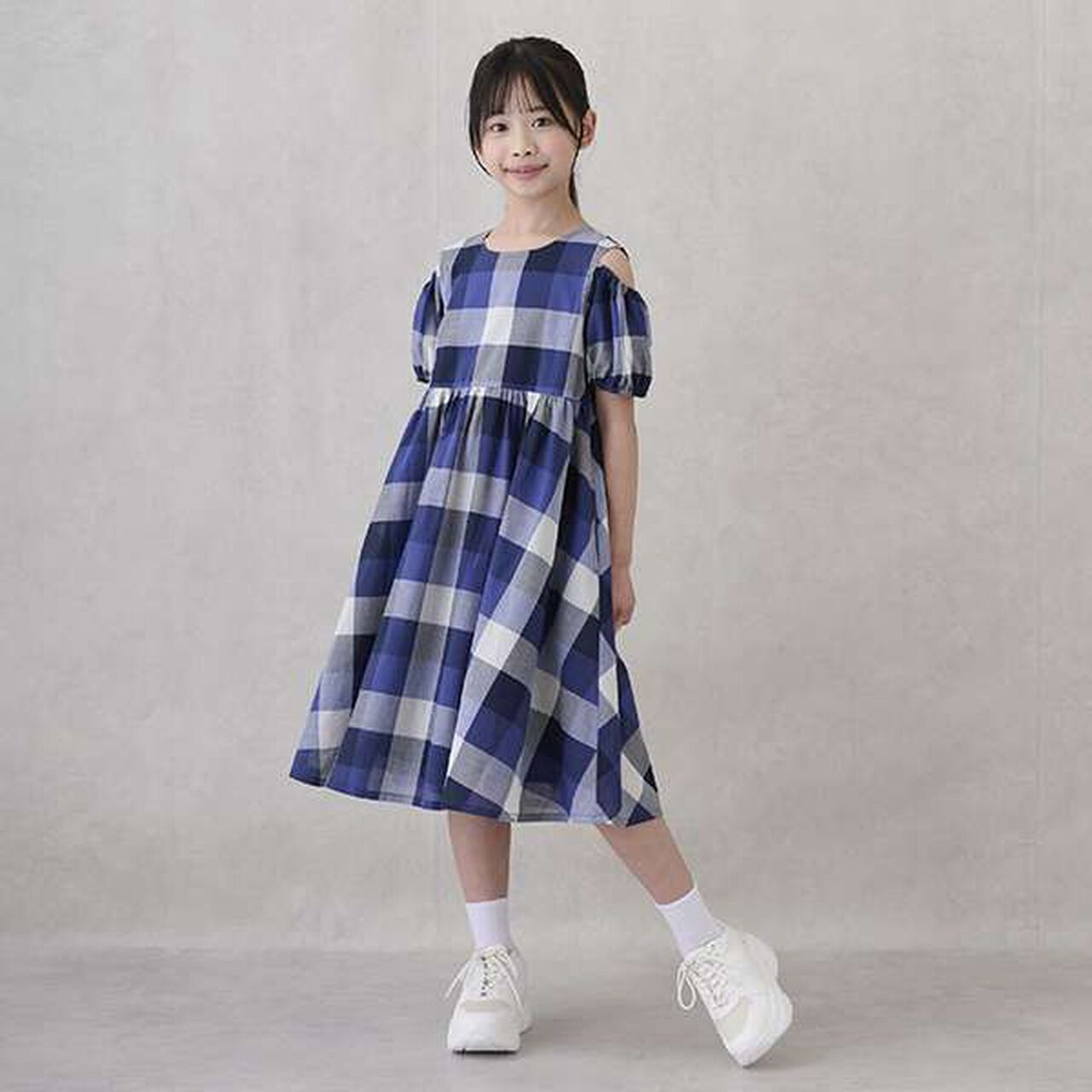 [Link] Off-Shoulder Check One-Piece Dress,Blue, large image number 13