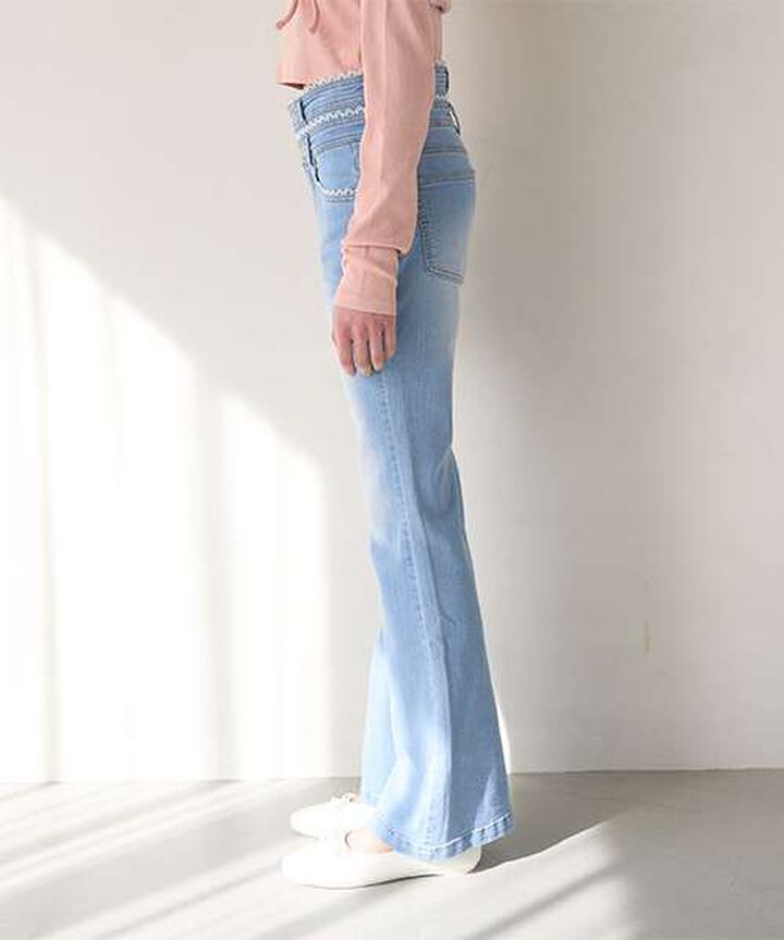 Lace-Trimmed Denim Flare Pants,Light blue, medium image number 7
