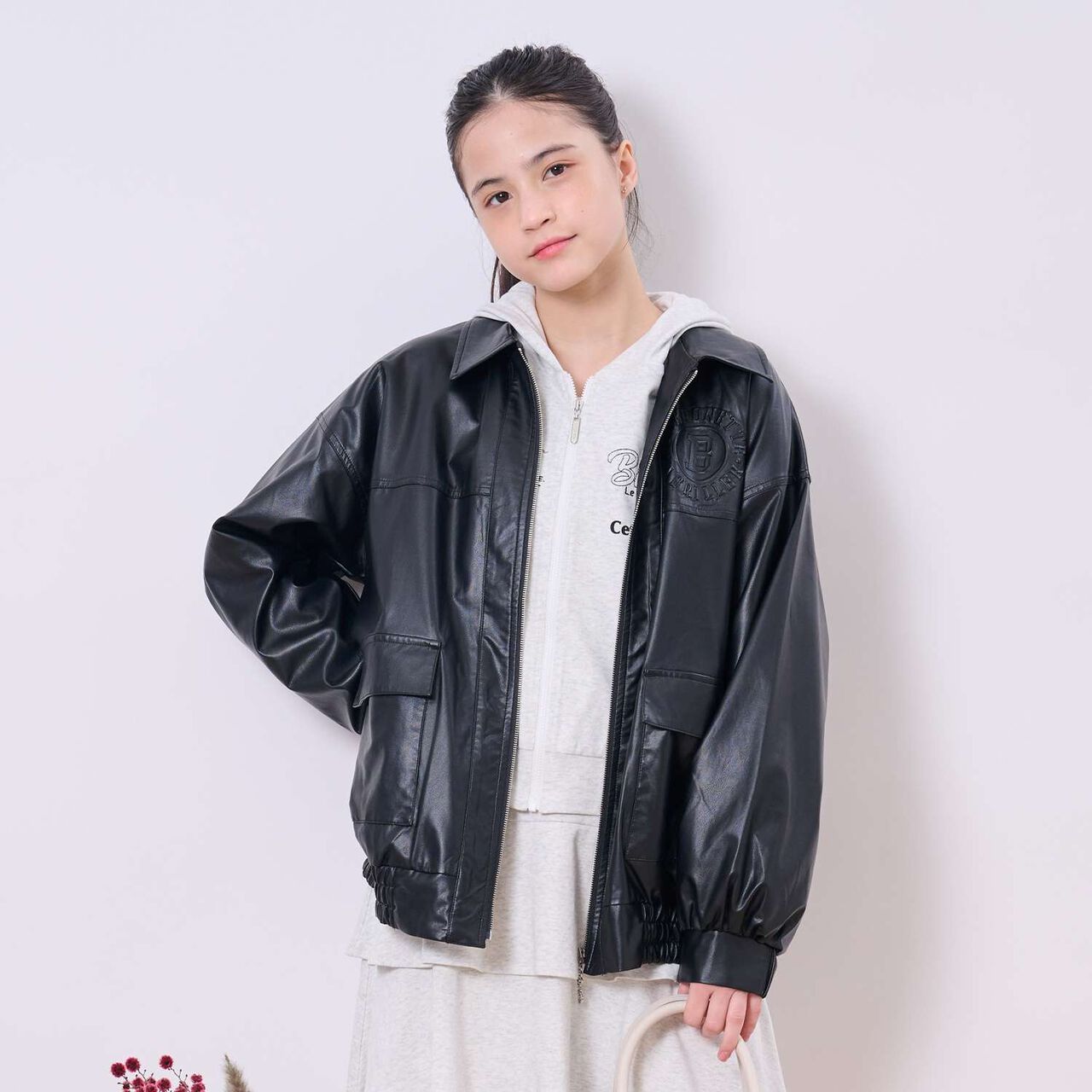 [Machine Washable] Faux Leather Bomber Jacket,Black, large image number 0