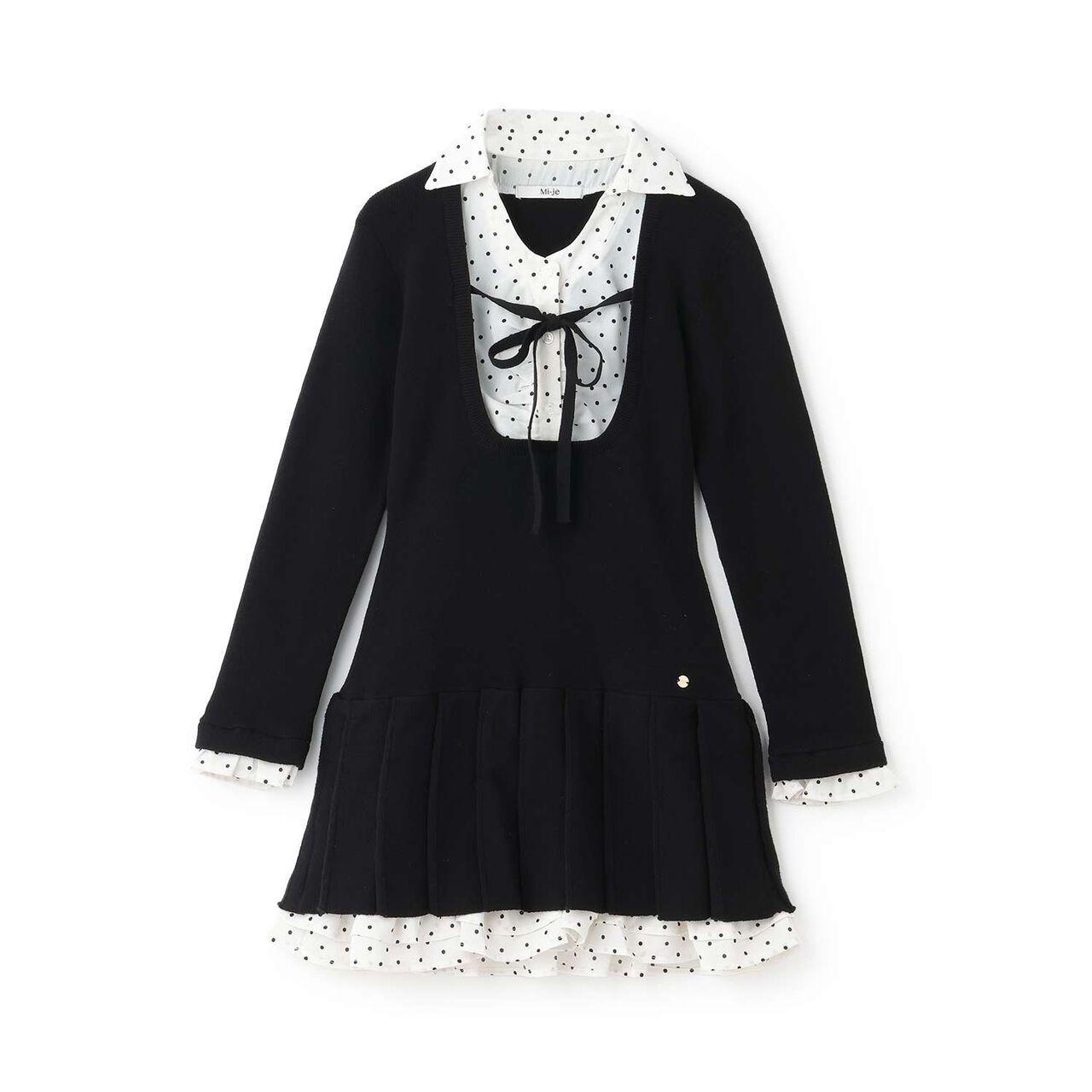 Layered Pleated Knit One-Piece Dress,Black, large image number 0