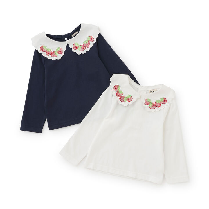 Strawberry Embroidery Scallop Collar Top,Navy, medium image number 9