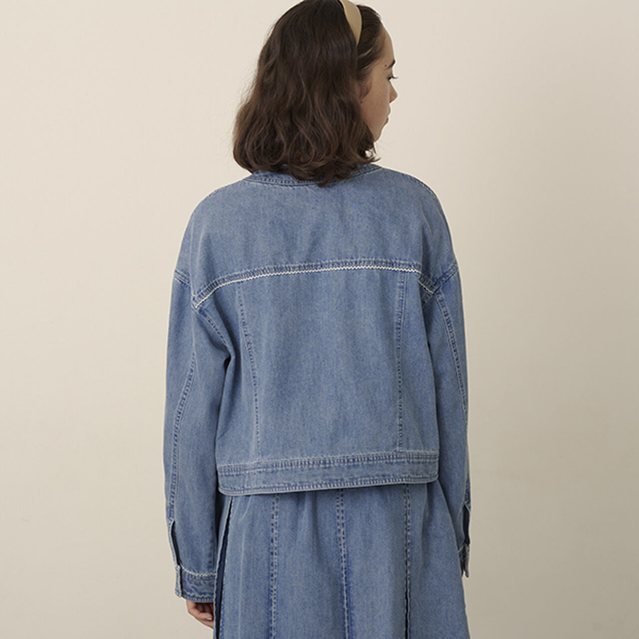 Collarless Denim Jacket,Deep blue, large image number 7