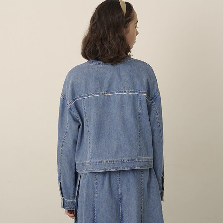 Collarless Denim Jacket,Deep blue, medium image number 7