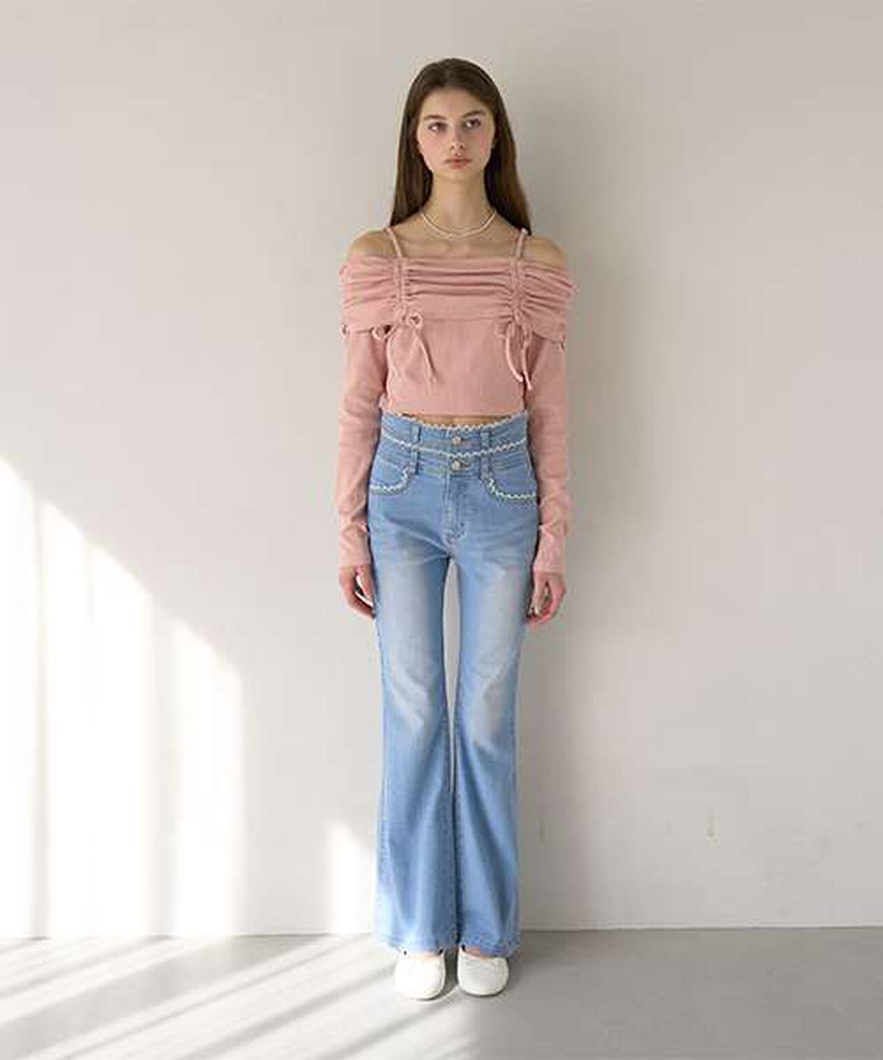 Lace-Trimmed Denim Flare Pants,Light blue, large image number 1