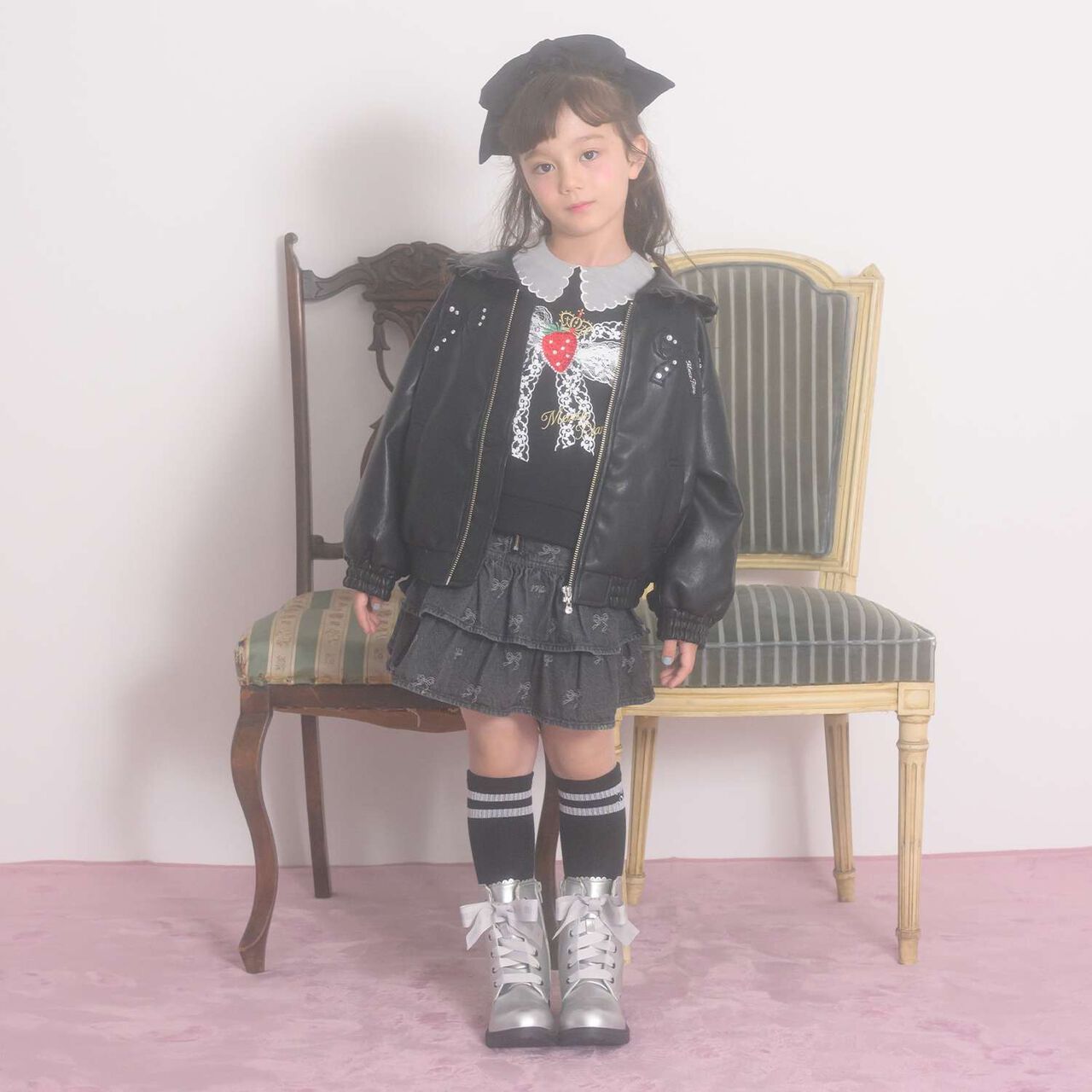 Denim & Faux Leather Sailor Collar Bomber Jacket,Sax blue, large image number 3