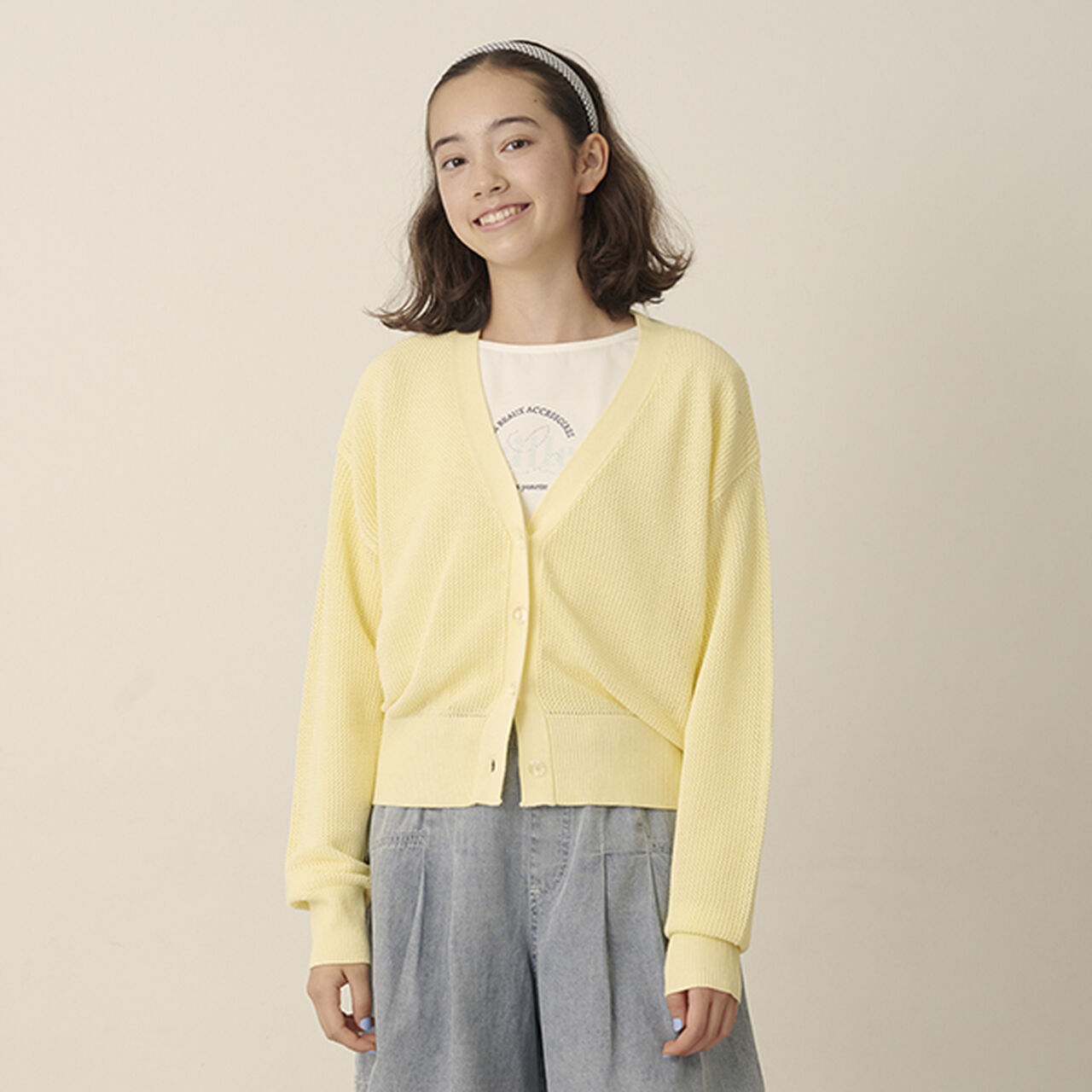 Mesh Knit Cardigan and Long Sleeve T-Shirt Set,Cream, large image number 9