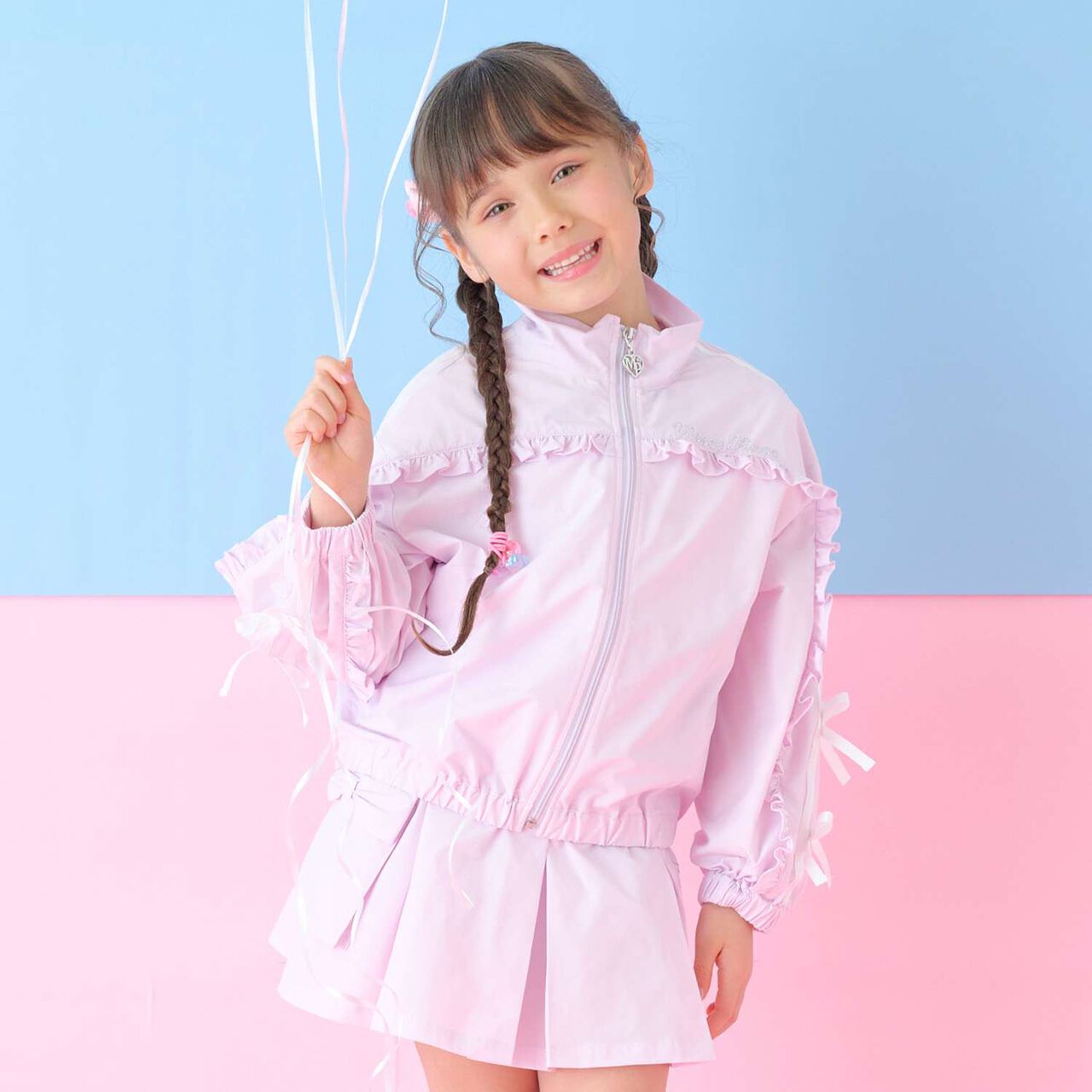 Frill Ribbon Line Bomber Jacket,Pink, large image number 0