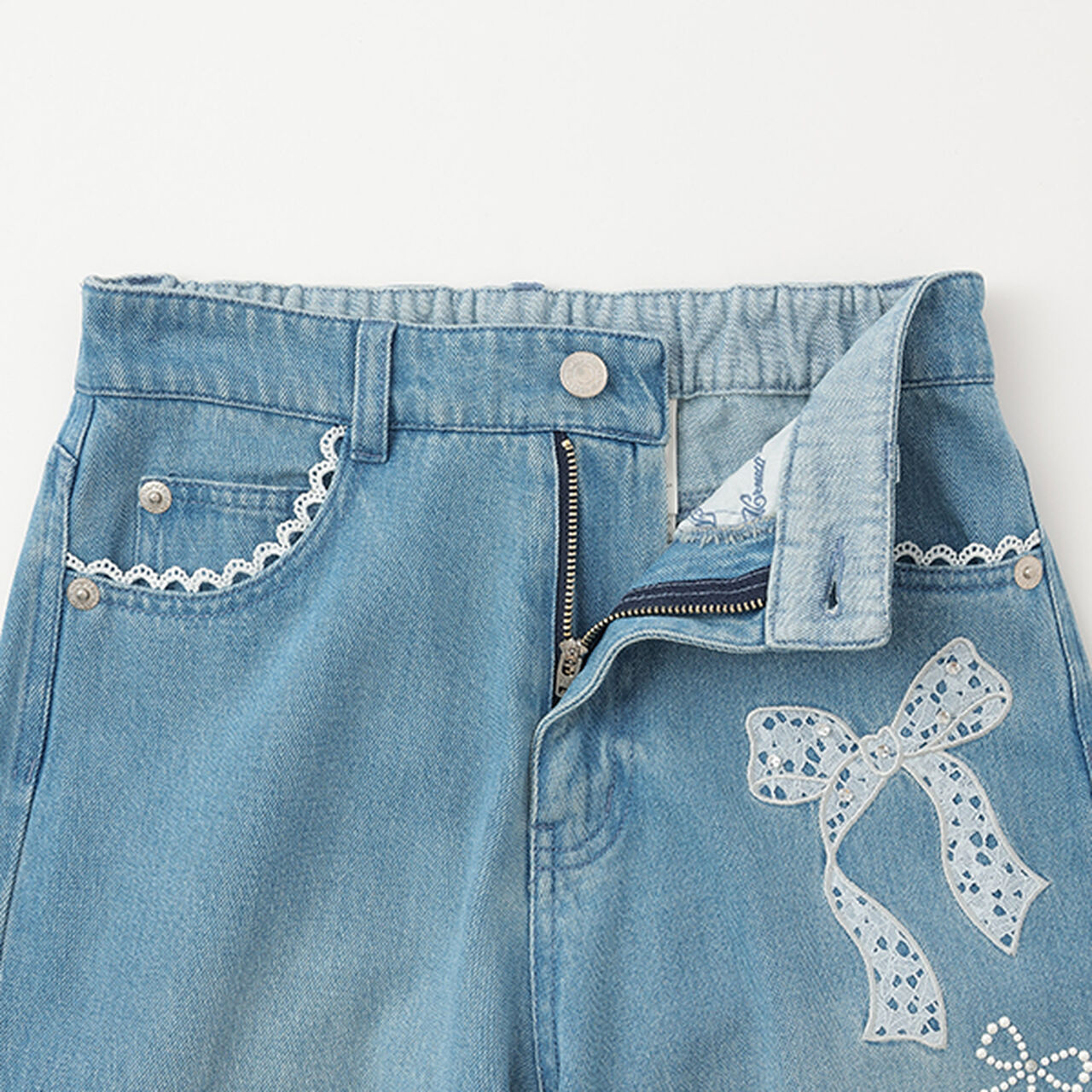 Lace Appliqué Slim Fit Loose Straight Denim Pants,Light blue, large image number 4