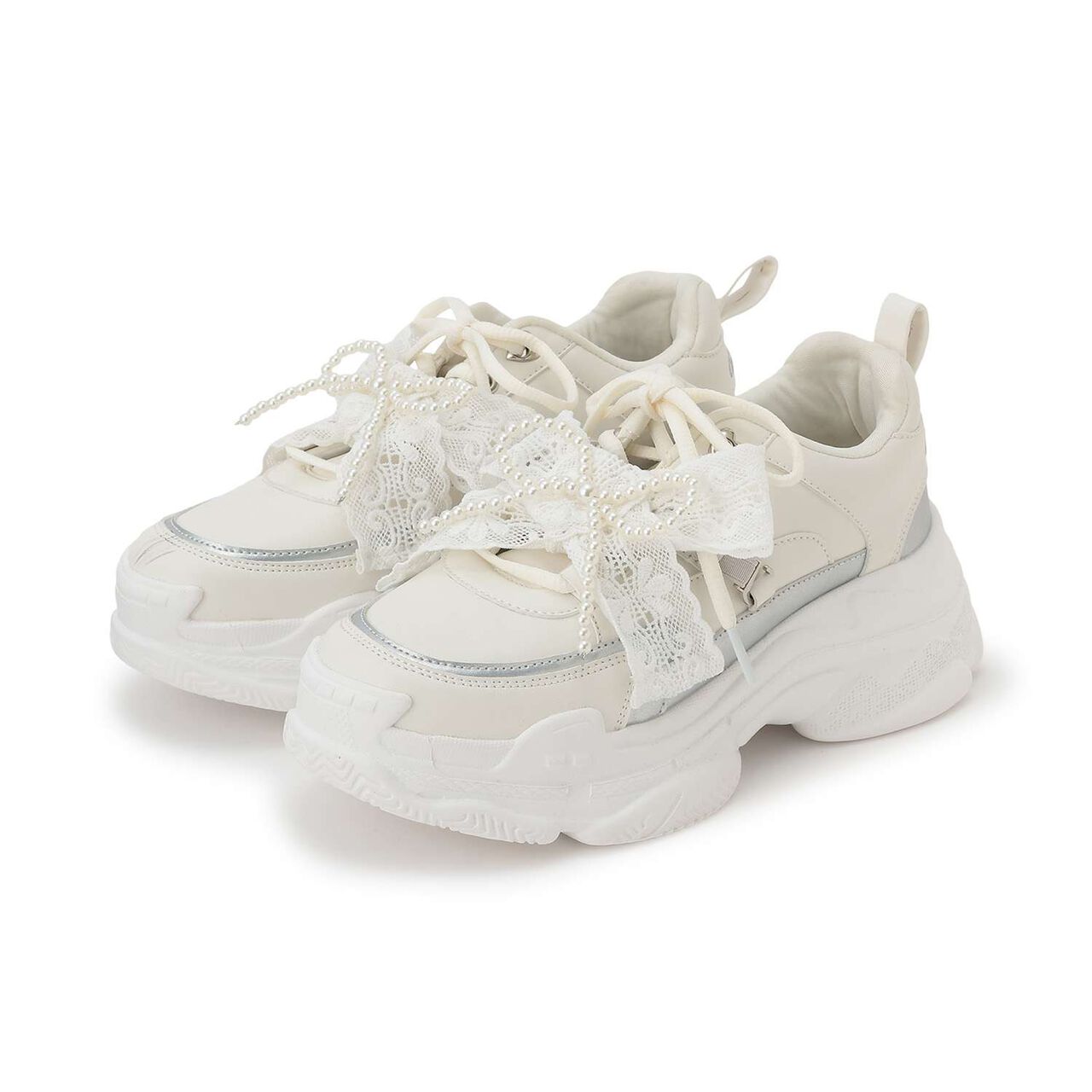 Pearl Lace Ribbon Dad Sneakers,Black, large image number 22