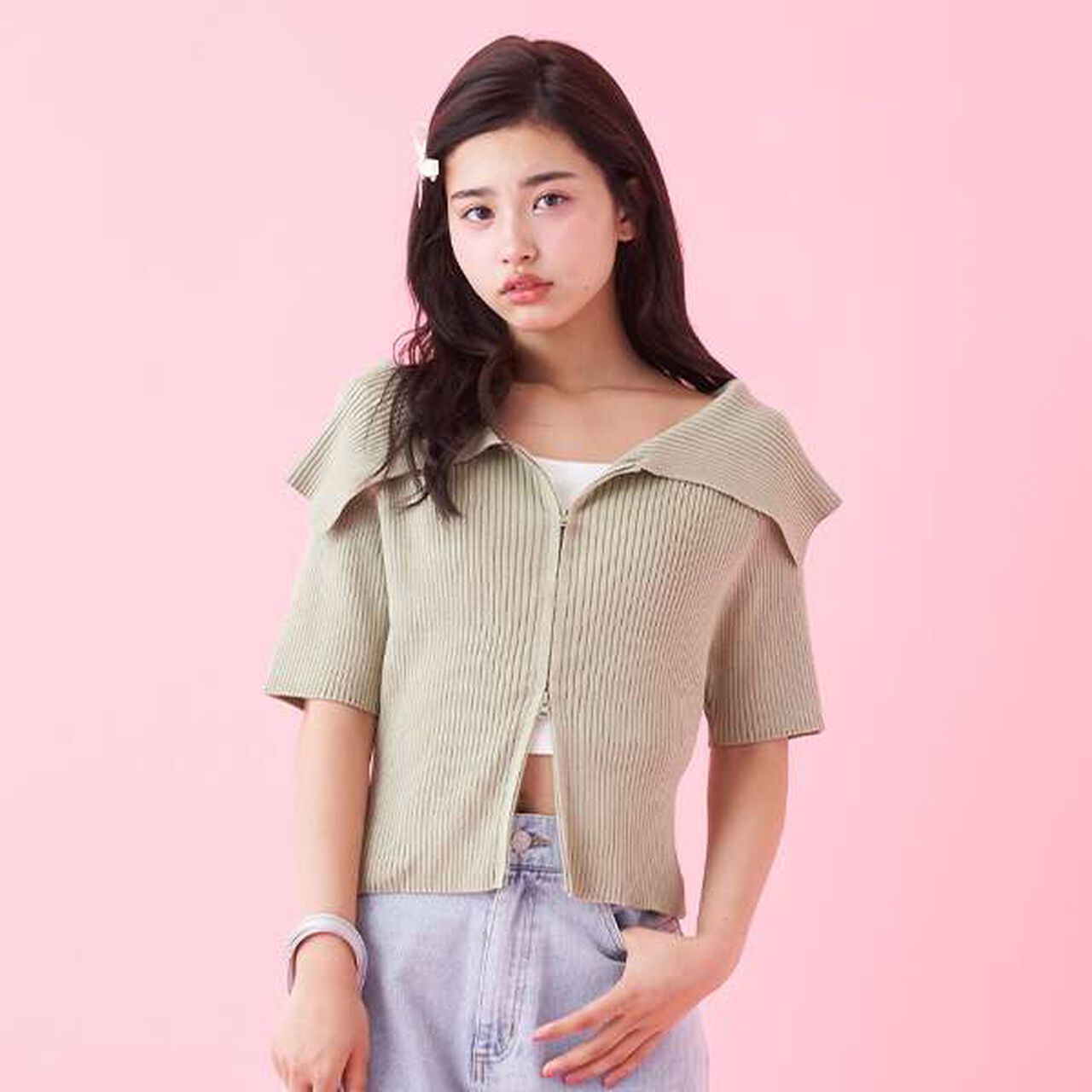 Big Collar Zip Knit,Off white, large image number 19