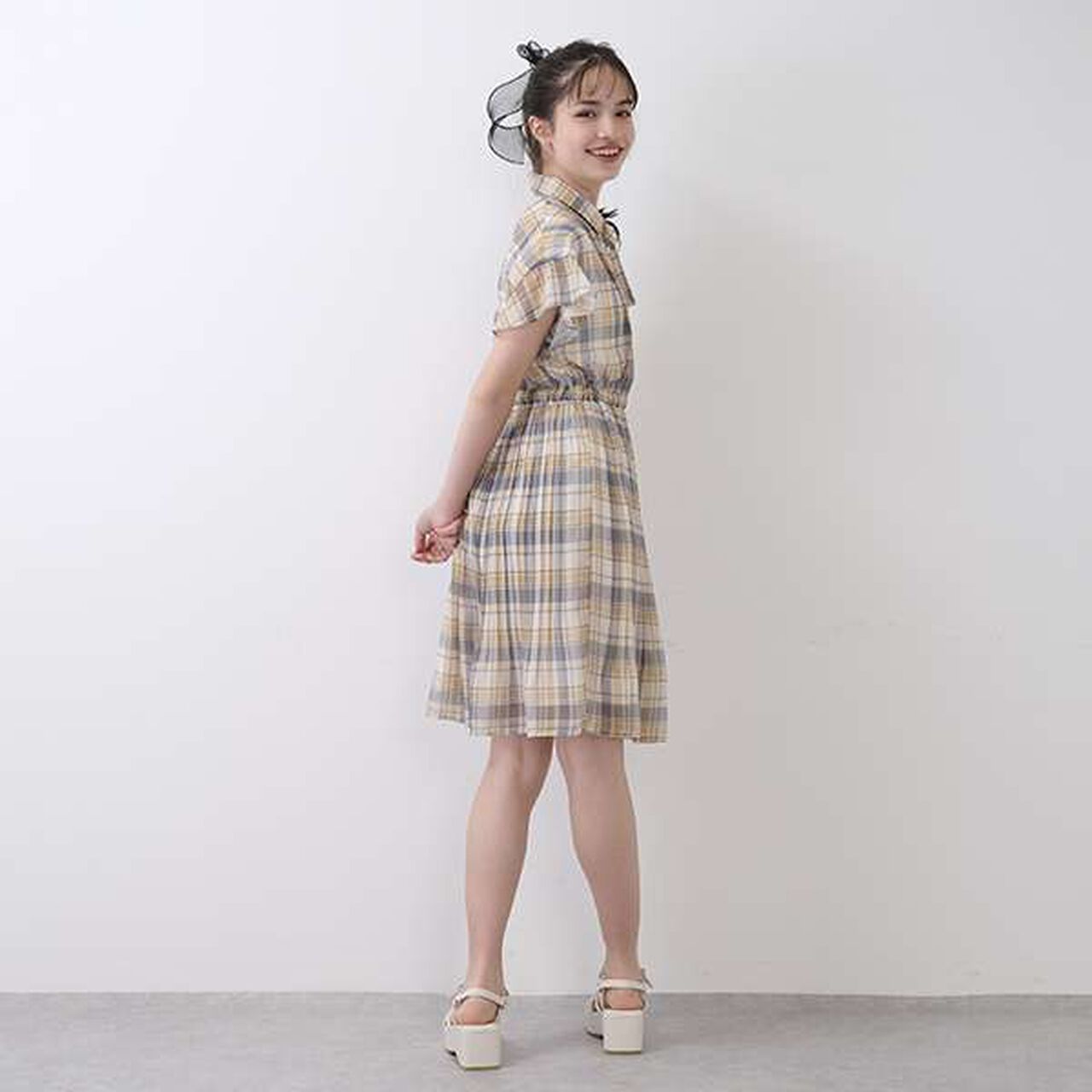 Collared Pleated One-Piece Dress,Black, large image number 7