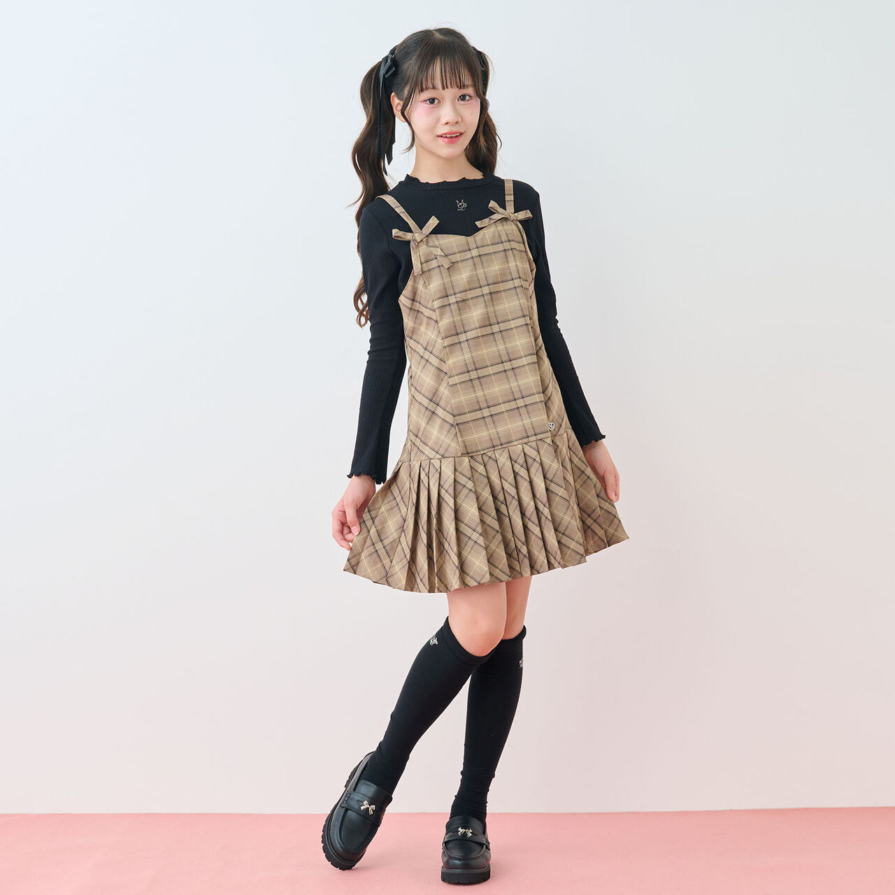 Twin Ribbon Jumper Skirt & T-Shirt Set,Brown, large image number 0