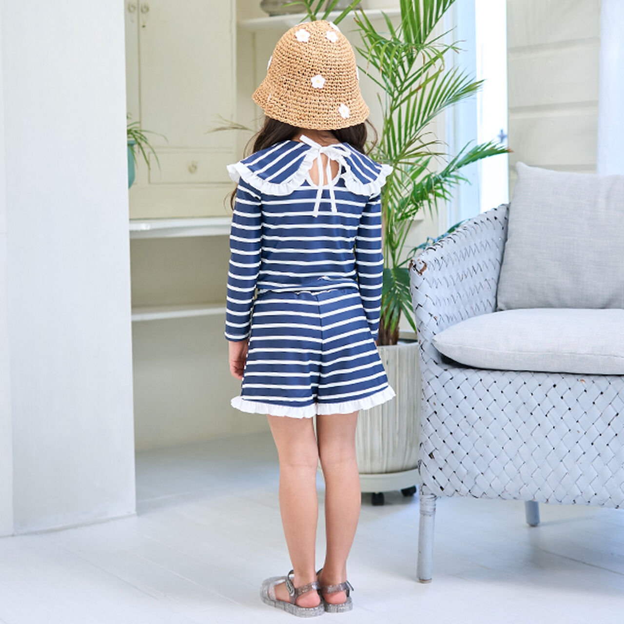 [SWIM] [UV Processing] Assorted Pattern Frill Collar Rash Guard & Pants Set,Navy, large image number 4