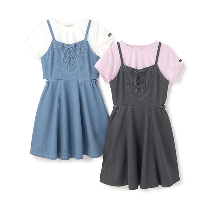 [Cool Touch] Side Slit Lace-Up Jumper Skirt Set,Blue, medium image number 5