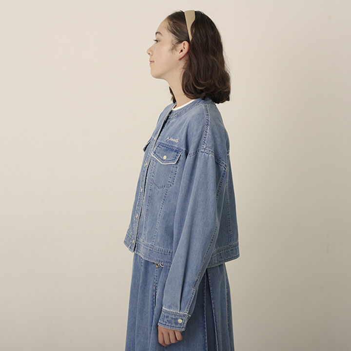 Collarless Denim Jacket,Deep blue, medium image number 6