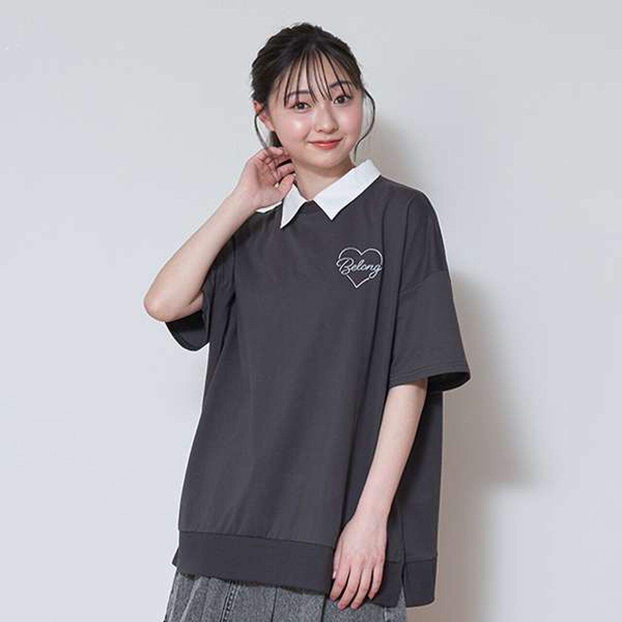 Big Heart Collar T-Shirt,Charcoal gray, large image number 0