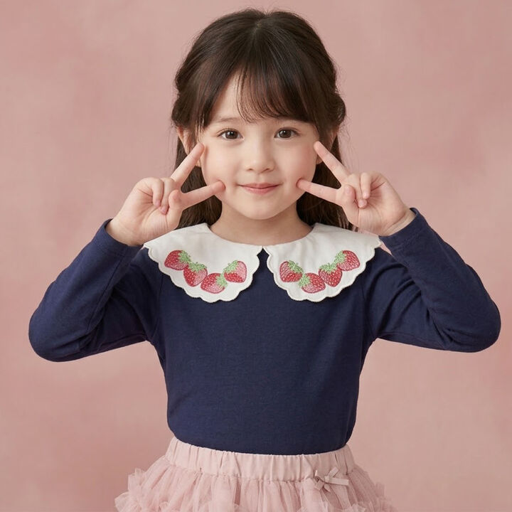 Strawberry Embroidery Scallop Collar Top,Navy, medium image number 1