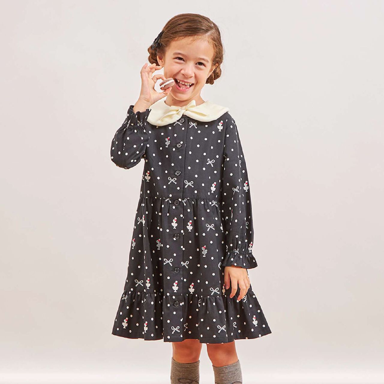 Dot Ribbon Pattern Viera One-Piece Dress [with Tippet],Ivory, large image number 13