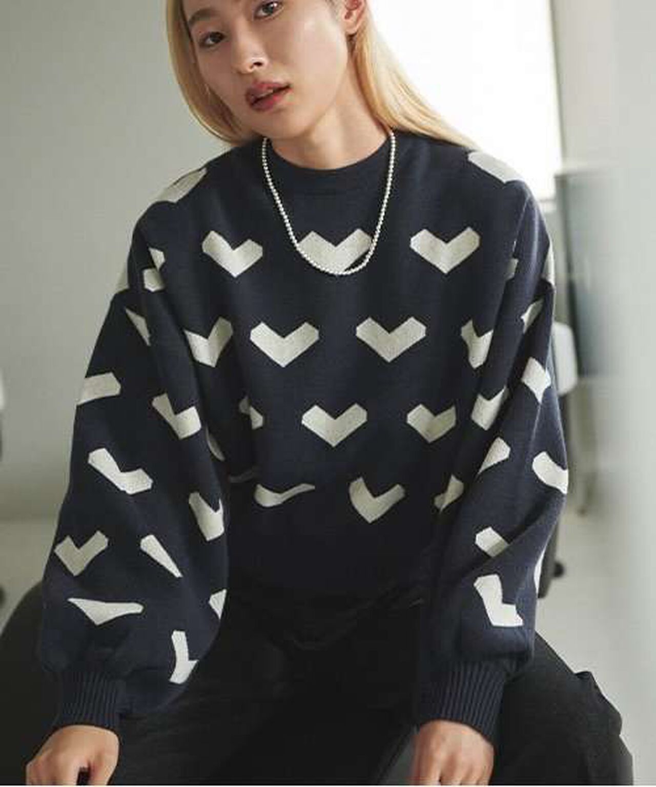 Heart Pattern Knit Pullover,Greige, large image number 1