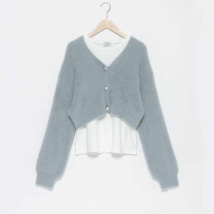 [AMI] Shaggy Cardigan &times; Long Sleeve T-Shirt Set,Light blue, medium image number 3