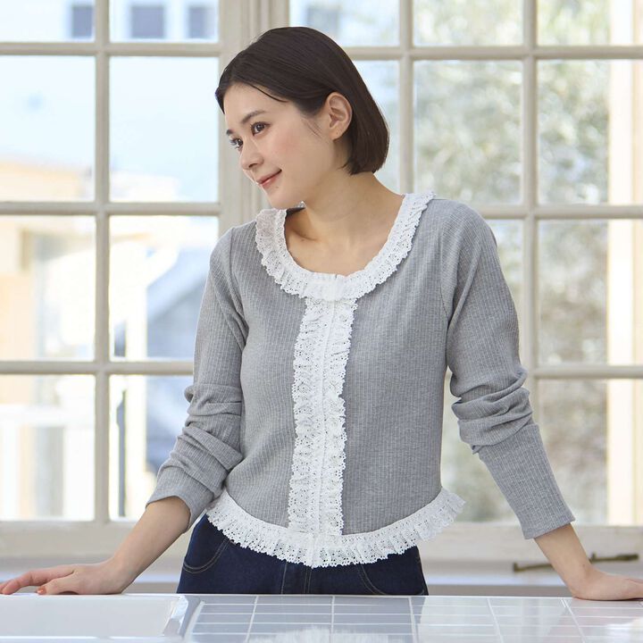 Parent-Child Matching Lace Frill Ribbed Long-Sleeve T-Shirt,, medium