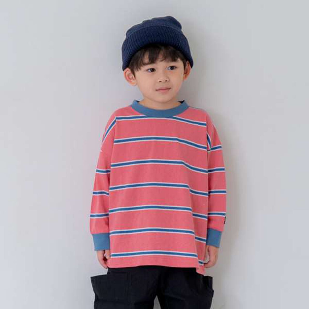 Multi Stripe Pattern Ribbed Sleeve Big Long T-Shirt,Beige, large image number 20