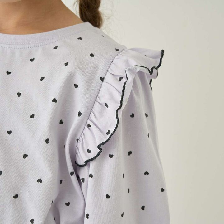 [100% Cotton] [Muteki T] [Stain Resistant/UV/Quick-Dry] Frilled Volume Sleeve All-Over Pattern T-Shirt for Girls [Kids],Blue gray, medium image number 1