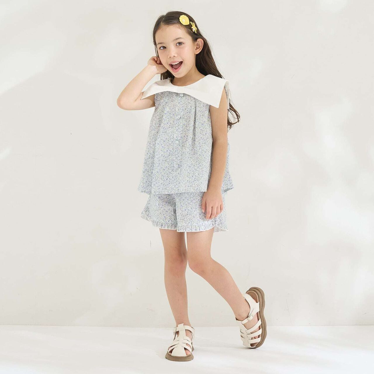Ribbon Collar Blouse & Hem Frill Half Pants Set [Kids Girls],Lavender, large image number 0