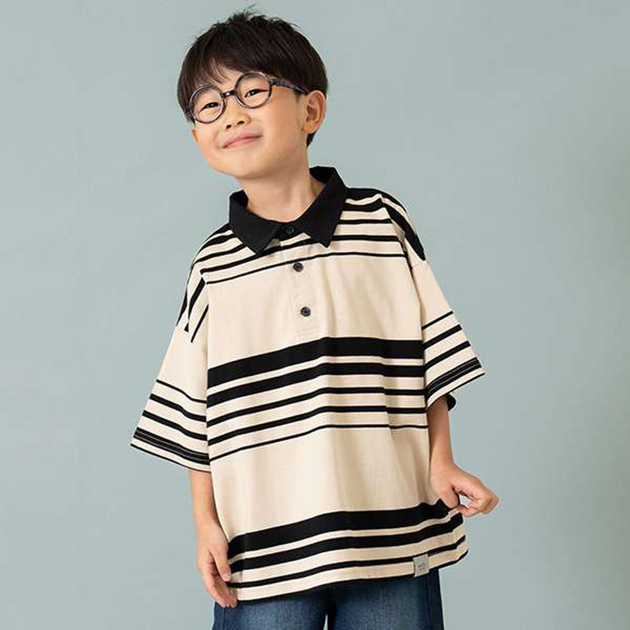 [Matching with Dad Outfit] Kids Polo Collar Rugby Half T-Shirt,Off white, large image number 0