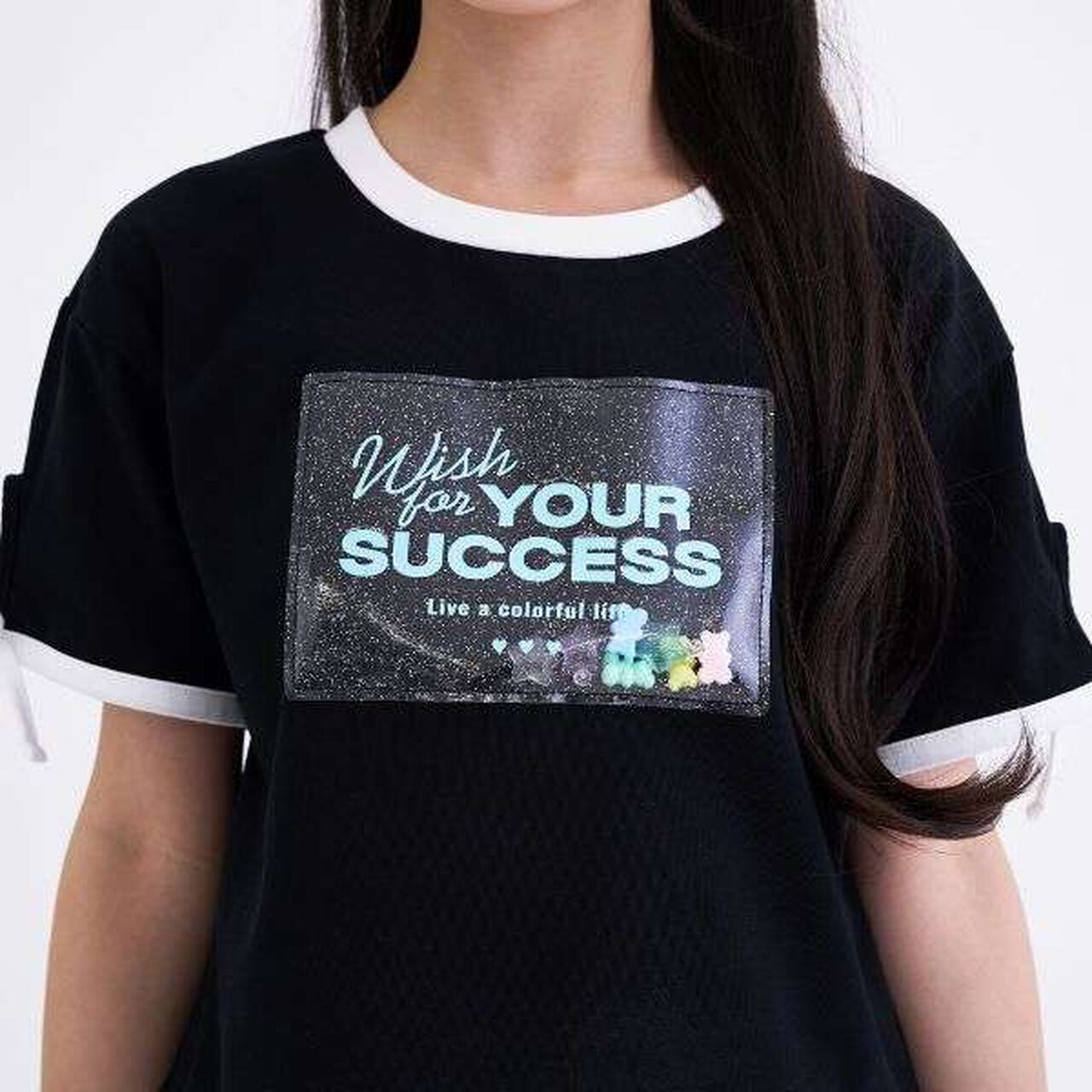 [Cool Touch] Lame Clear Patch Short-Sleeve Ribbon T-Shirt,Black, large image number 4