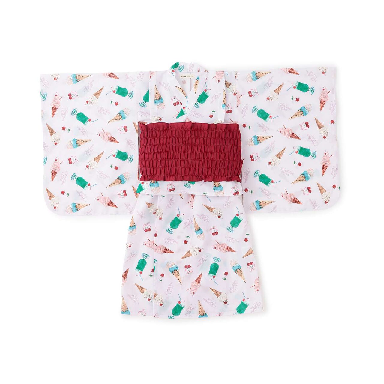 [Easy Wear♪] Cool Touch 4-Way Separate Yukata with Obi Belt (Kawaii) [Kids Girls],Dark red, large image number 5