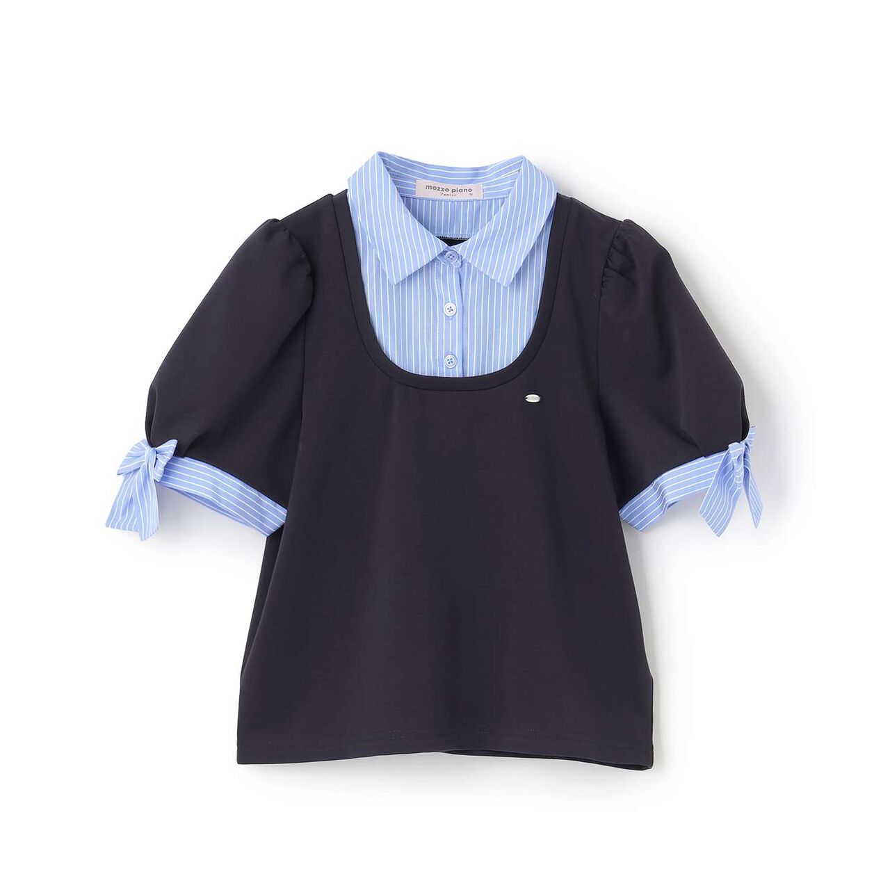 Sleeve Ribbon Fabric Docking T-Shirt,Navy, large image number 8