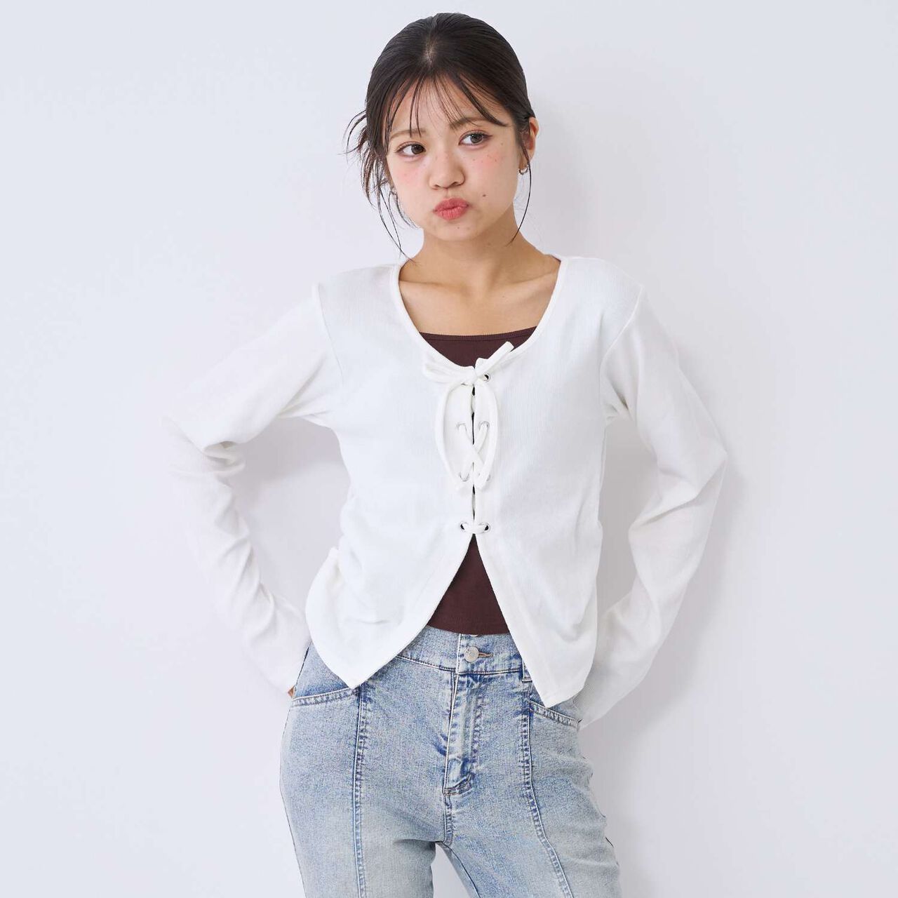 [Antibacterial Deodorizing] Lace-Up Ribbed Long-Sleeve T-Shirt,Green, large image number 1