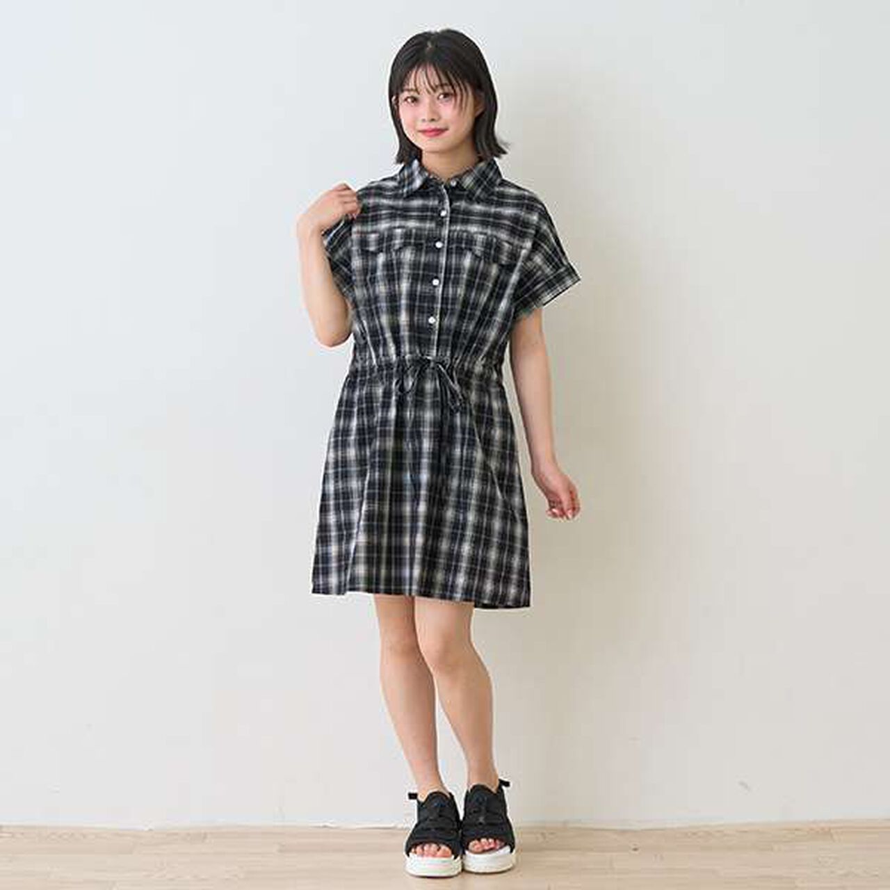[100% Cotton] Checkered French Sleeve Shirt Dress,Black, large image number 0