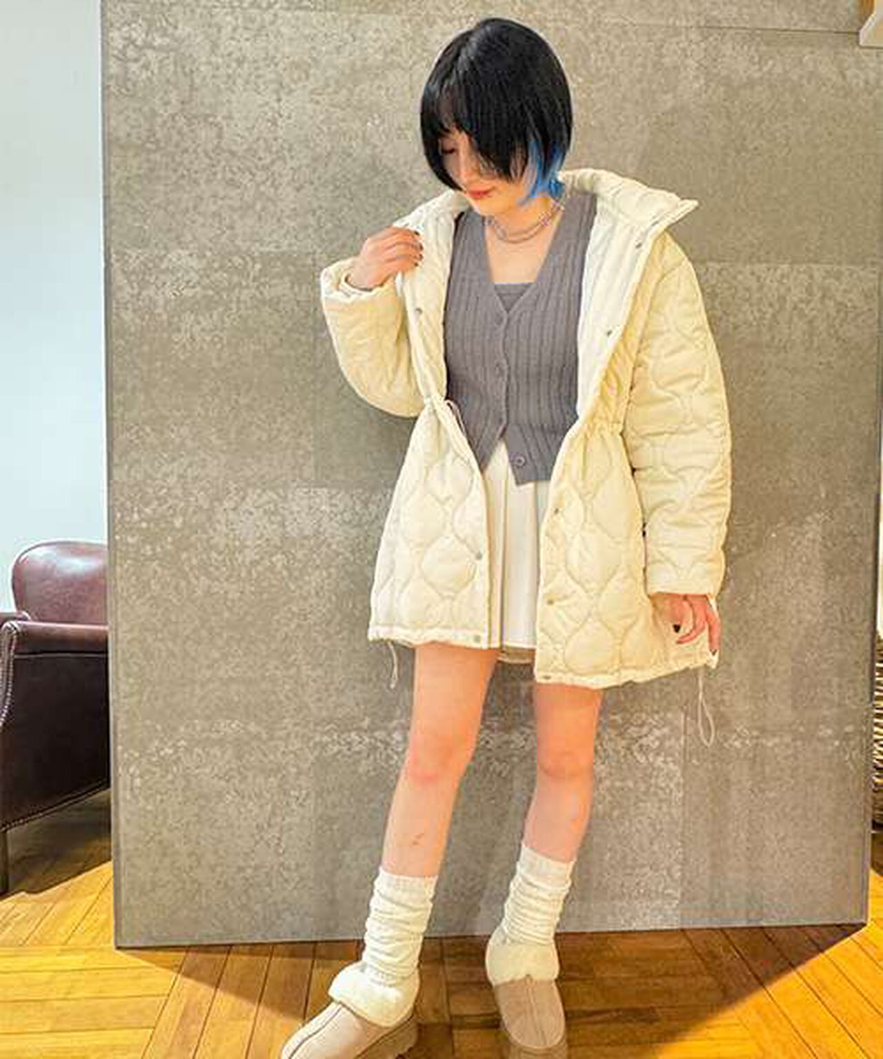 Quilted Bomber Jacket with Scarf,Ivory, large image number 7