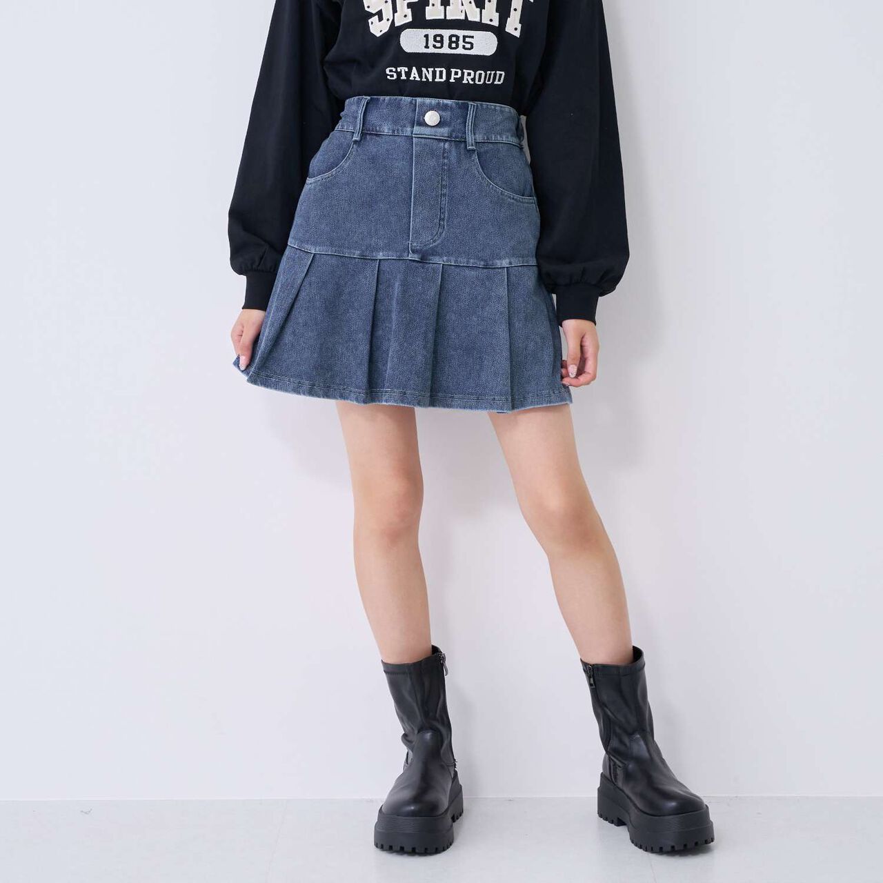 [Stretch] Denim-Look Cut Pleated Skirt,Blue, large image number 3