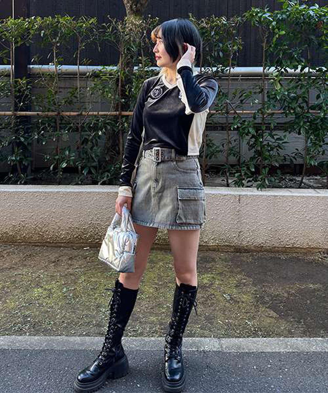 Denim Cargo Skirt with Belt,Gray, large image number 8