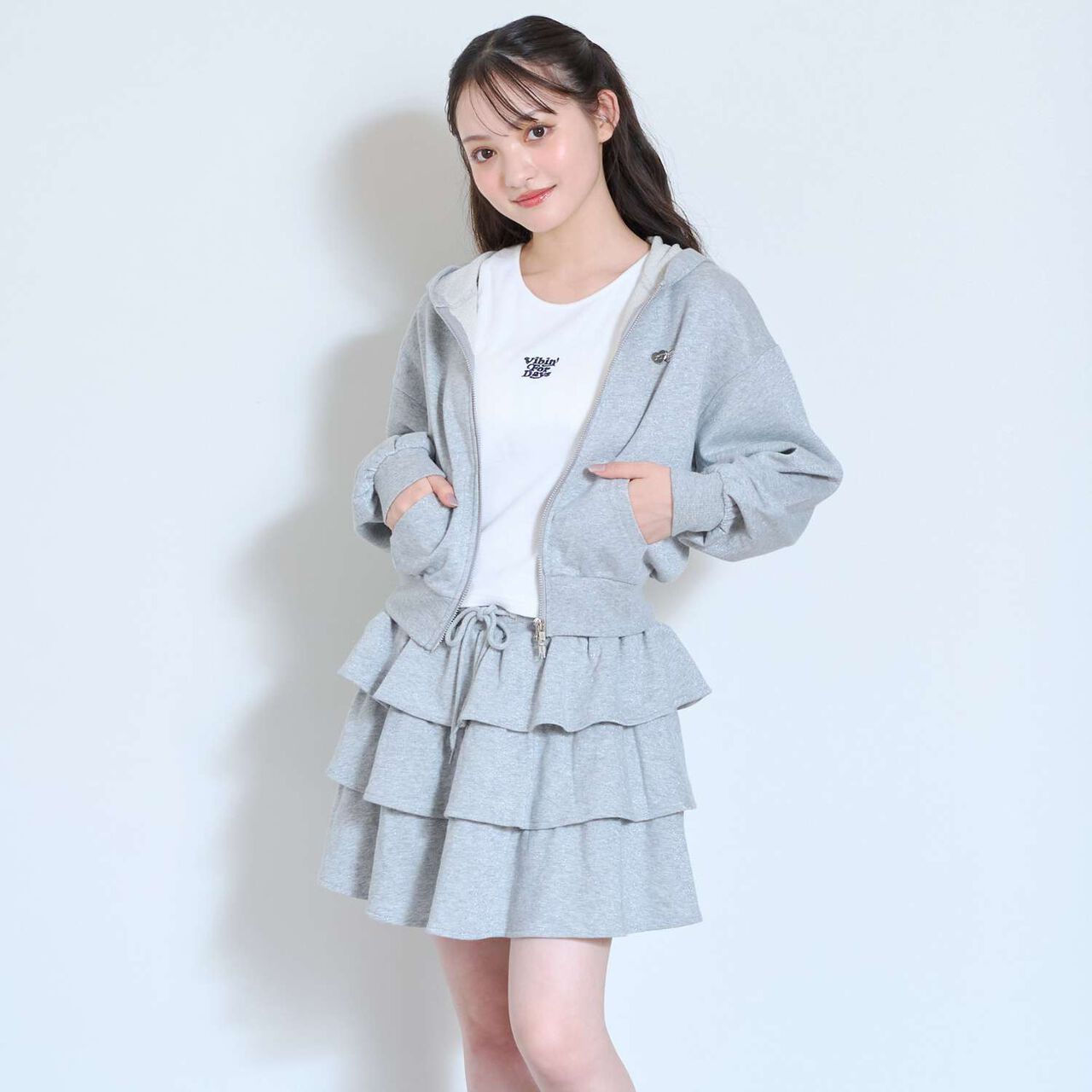 [LTXC] 閃光布雙拉鍊連帽外套層次設計套裝,灰色, large image number 4