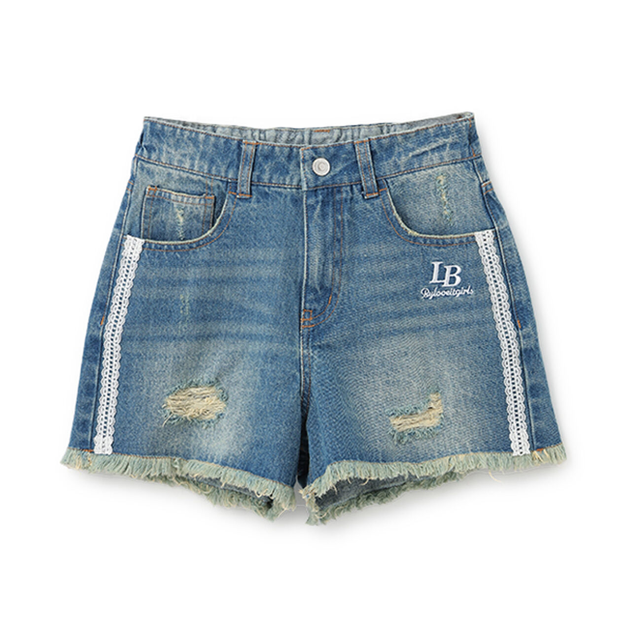 Side Lace Distressed Shorts,Blue, large image number 0