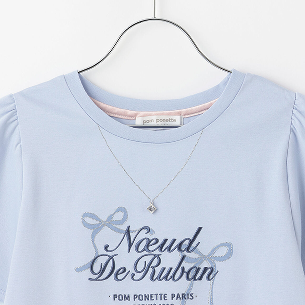 Necklace-Style Embroidered Flare Sleeve T-Shirt,White, large image number 5