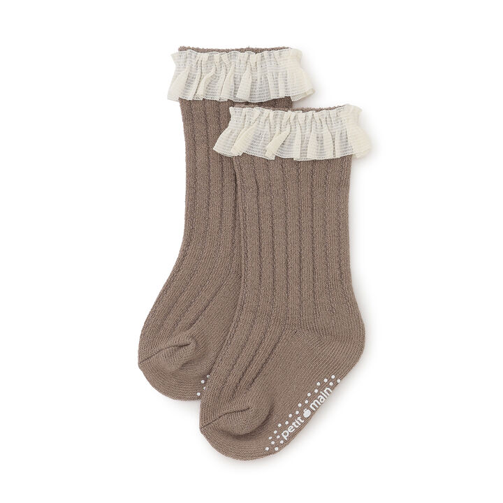 Tulle Frill Knee-High Socks,Mocha tea, medium image number 0